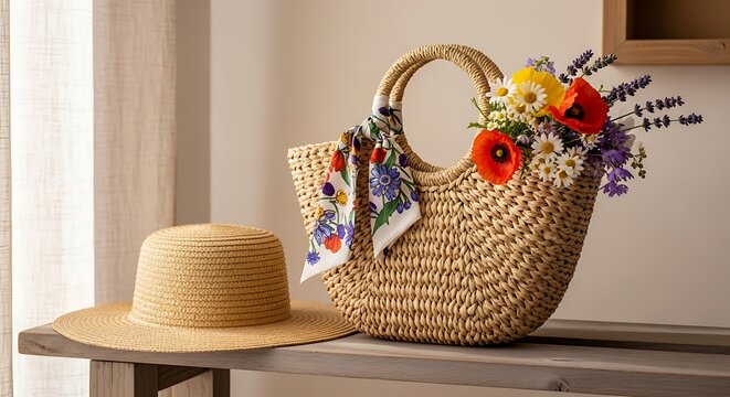 Wicker basket with colorful flowers and fabric peeking out on a shelf