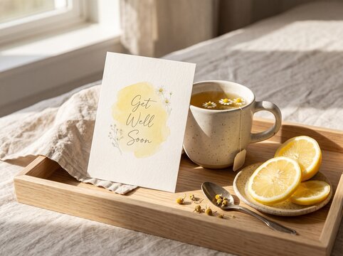Cozy get well soon card with a soothing cup of herbal tea, fresh lemon slices, and chamomile flowers on a wooden tray