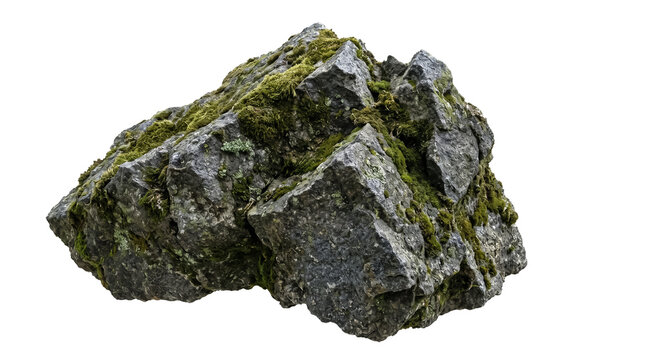 Moss Covered Rock Isolated on Transparent Background, Natural Forest Boulder with Green Moss and Stone Texture