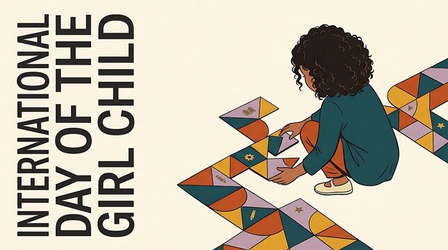 International Day of the Girl Child, colorful geometric illustration of playing girl, social awareness campaign artwork, girl empowerment design, motivational graphic for calendar or print