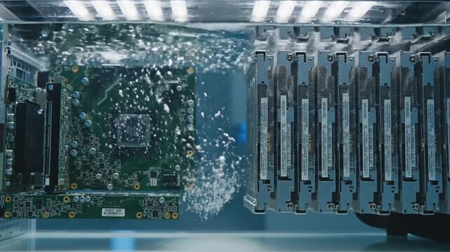 Server blades submerged in dielectric liquid for immersion cooling.