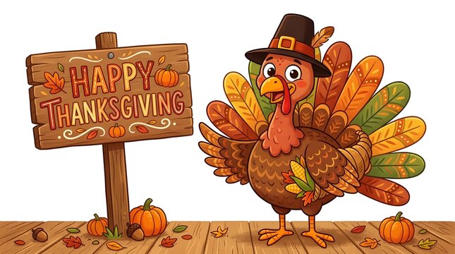 Cute cartoon turkey wearing a pilgrim hat standing next to a wooden sign during thanksgiving celebration