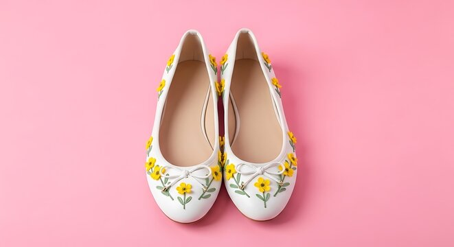 White flat shoes with yellow floral embroidery on pink background