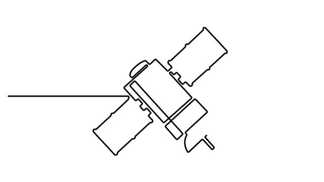 Animated self drawing of continuous line draw an isometric satellite space vehicle with solar panels and a communication dish, representing cosmic network technology. Full length one line animation.