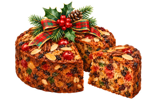Festive Watercolor Fruitcake with Plaid Bow