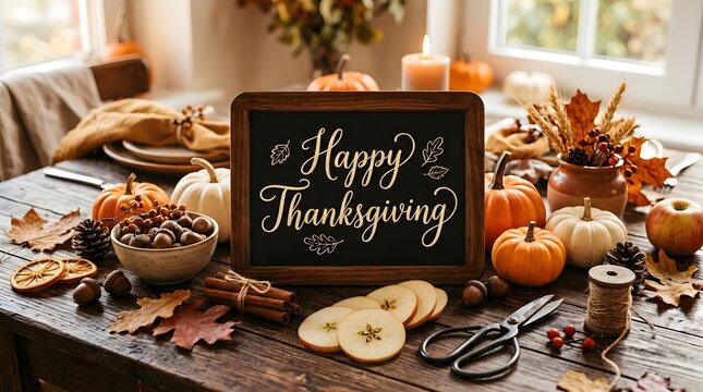 Happy thanksgiving chalkboard sign surrounded by pumpkins and autumn decorations on a festive dining table setting