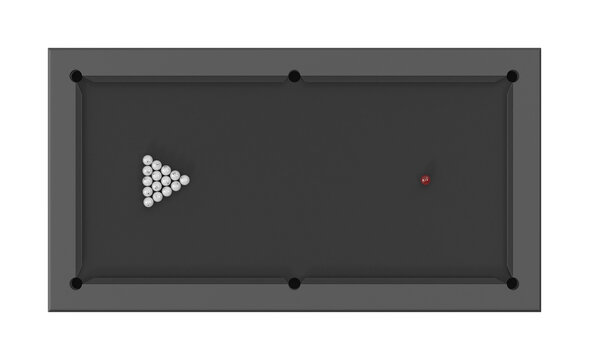 Top-down 3D render of a dark pool table with racked balls and a lone red ball isolated
