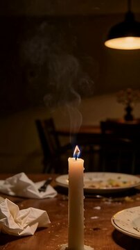 Vertical video: Flickering tall wax candle burning after meal on wood table, yielding thin smoke