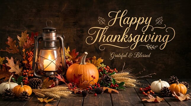 Rustic thanksgiving background with glowing lantern pumpkins and autumn leaves on a dark wooden table surface