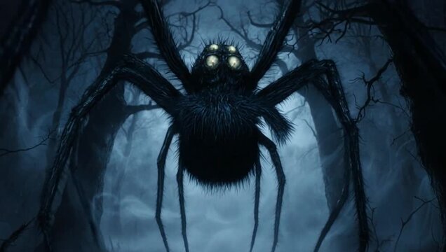 Spooky Spider Emerging from Dark Forest Full Moon Silhouette Cinematic