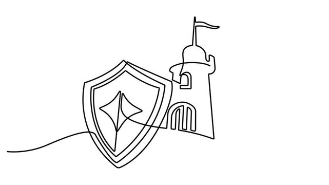 Animated self drawing of continuous one line drawing of Security, protection, shield, and castle icons, line style, black and white, Full length one line animation. 4K video