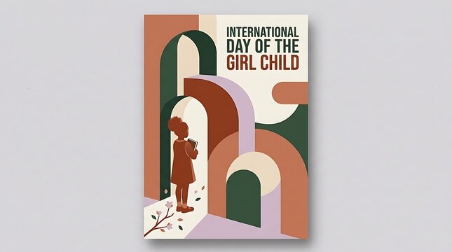 International Day of the Girl Child poster, abstract geometric shapes and illustrated girl, retro terracotta and green design print, social awareness art for celebrations