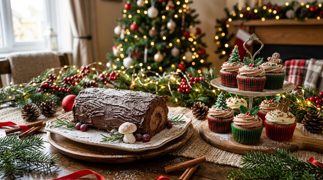 Delicious chocolate Yule log and festive cupcakes beautifully arranged on a rustic wooden table for Christmas celebration