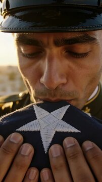 Vertical video: Cap-wearing soldier holding white-star flag kissing it at memorial honoring dead