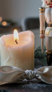 Vertical video: Draft stirring candle flame melting wax at home table with satin bow, nutcracker
