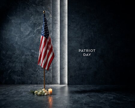 American flag on a pole standing in a dark room with a lit candle and white flowers at the base, featuring the text patriot day for a solemn national memorial and remembrance