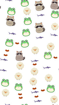 Cute cartoon animals pattern with frogs, raccoons, sheep, and sharks