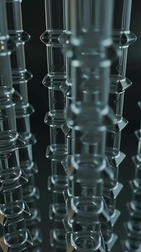 Vertical video: Panning camera bringing clear bead strands into focus in studio, revealing facets