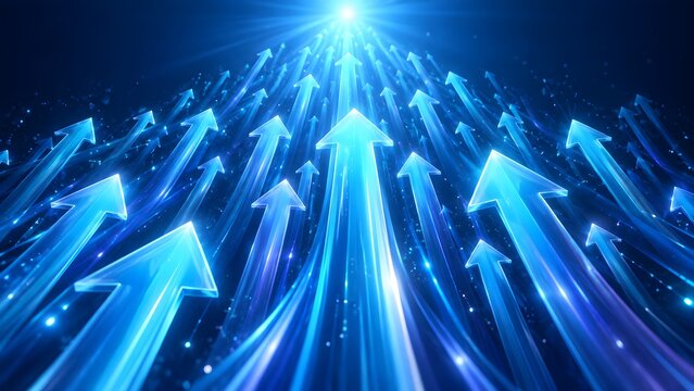 Futuristic blue glowing arrows rising upwards towards a bright light representing exponential business growth, financial success, digital technology progress and vision for the future