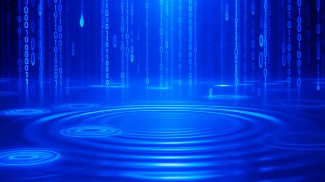 Abstract Blue Digital Rain Falling into Water Ripples, Binary Code Stream