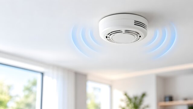 Modern white smoke detector or fire alarm system mounted on a ceiling with blue signal waves indicating activation or smart home connection in a bright blurry residential living room interior.