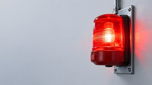 Emergency red warning strobe light glowing on a wall, symbolic of security, danger alerts, industrial safety protocols, fire alarm systems, and urgent notification in a modern workspace.