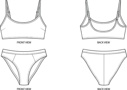 Women&rsquo;s camisole and brief technical drawing front and back views for fashion apparel design and sewing patterns