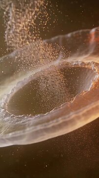 Vertical video: Forming membrane bulging in amber space, bead contacting rim ejecting filaments