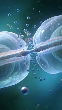 Vertical video: Shifting vesicles, left terminal releasing tiny spheres into cleft, sending signal