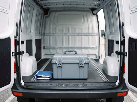 Insulated medical transport case and cold pack in the open cargo area of a white courier van