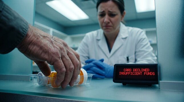 A tight, over-the-counter cinematic profile shot at a modern hospital pharmacy counter