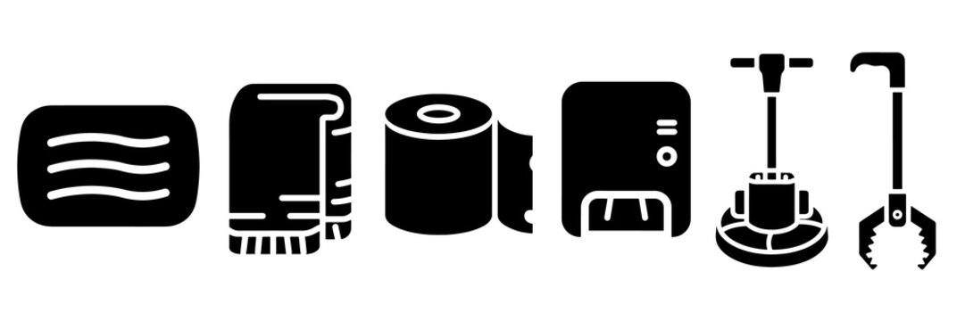 Black silhouette cleaning equipment icons set on plain background view