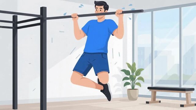 Man performing pull ups in gym flat vector style