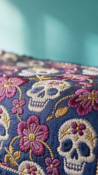 Vertical video: Pushing slider moving camera revealing skull trim on plank at teal wall for detail