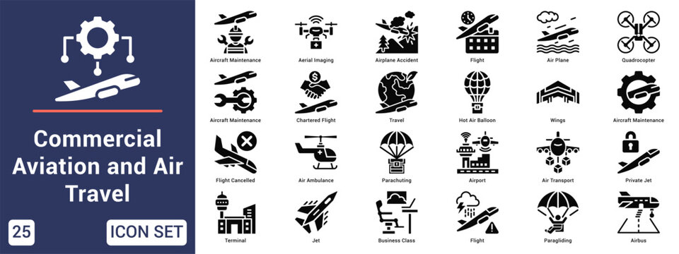 Commercial Aviation and Air Travel  Icon set collection. Vector icon pack featuring thematic icons for your presentations or business.