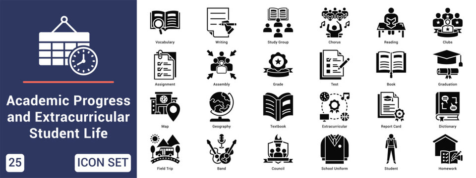 Academic Progress and Extracurricular Student Life  Icon set collection. Vector icon pack featuring thematic icons for your presentations or business.