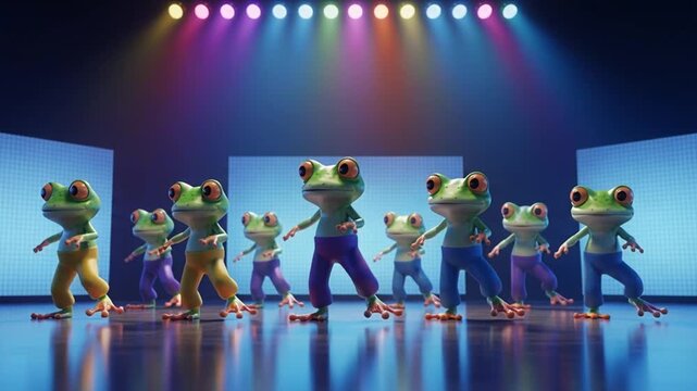 Frog Characters Performing on Stage Under Colorful Lights in Modern Studio