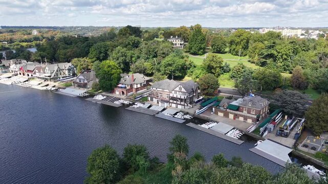 Descending drone video Boathouse Row Philadelphia early autumn sunny day