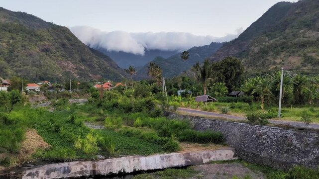Mountainous landscape view in rural countryside region in Amed, Karangasem Regency, Bali Indonesia