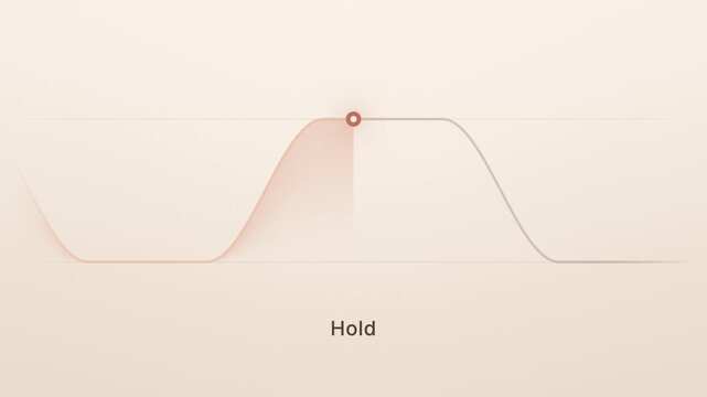 Guided box breathing (4-4-4-4) exercise: a scrolling breath curve with a marker with breathe in, hold and breathe out prompts, warm beige, seamless loop, 4K