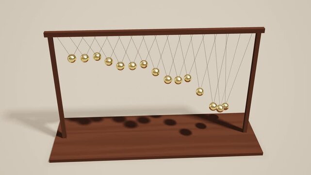 Pendulum wave of 15 brass balls seen from the front in a warm beige studio, physics demonstration, seamless loop, 4K