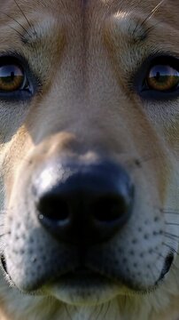 Vertical video: Sniffing tan dog checking camera lens, leaning in grassy field with black nose