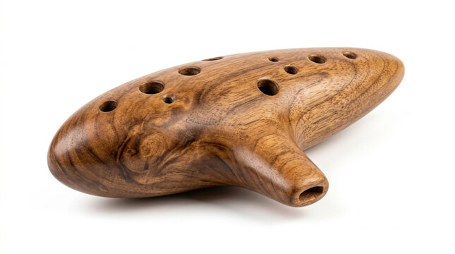 Wooden ocarina handcrafted from polished timber rests against a plain white background.