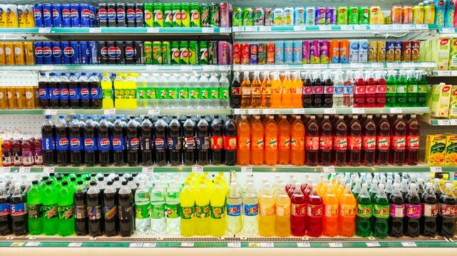 Malaysia, Kuala Terengganu 13 October 2026: various selection of drinks in a crate at a supermarket. Various energy drinks, sodas, soft drinks, with various brands of products in bottles