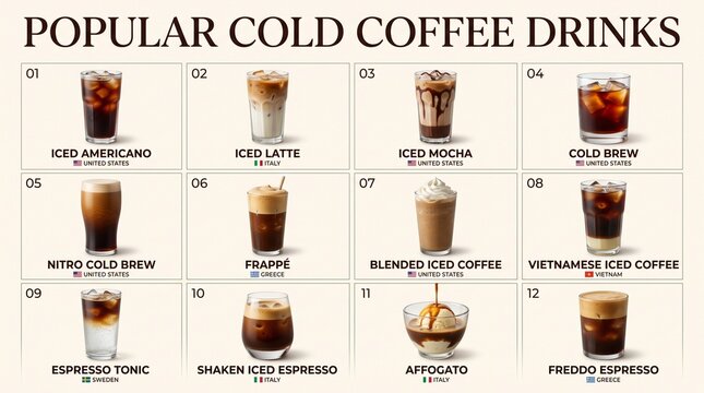 Premium coffee guide featuring 12 popular cold coffee drinks with realistic ice, creamy textures, country flags, and clearly labeled beverage styles on an elegant ivory background.