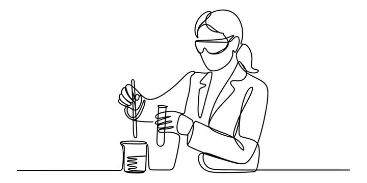 Continuous line drawing of a female scientist working with laboratory equipment in a chemistry lab isolated on transparent background