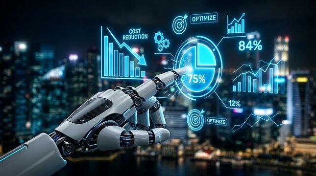 Robotic hand interacting with futuristic digital interface for cost reduction and optimization