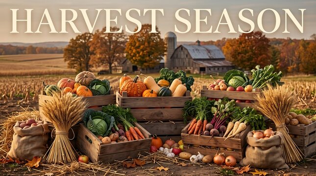Wooden crates filled with fresh vegetables and grains during the harvest season produce farm life food supply