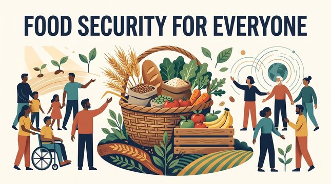 Community of diverse people gathering around a harvest basket promoting food security with agriculture