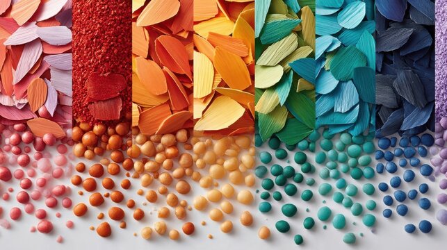White surface with vertical rainbow stripes of shredded plastic flakes and colorful pellets arranged by hue, recycling concept